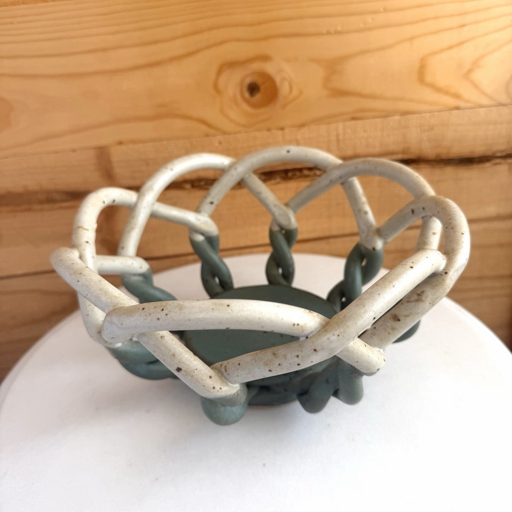Handmade Braided Ceramic Fruit Bread‎ Bowl Blue Grey Pottery Decor